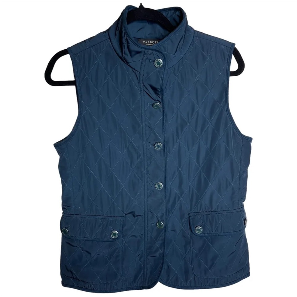 Talbots Vest Womens Sz small teal Green Quilted Button Up Pockets Warm lined